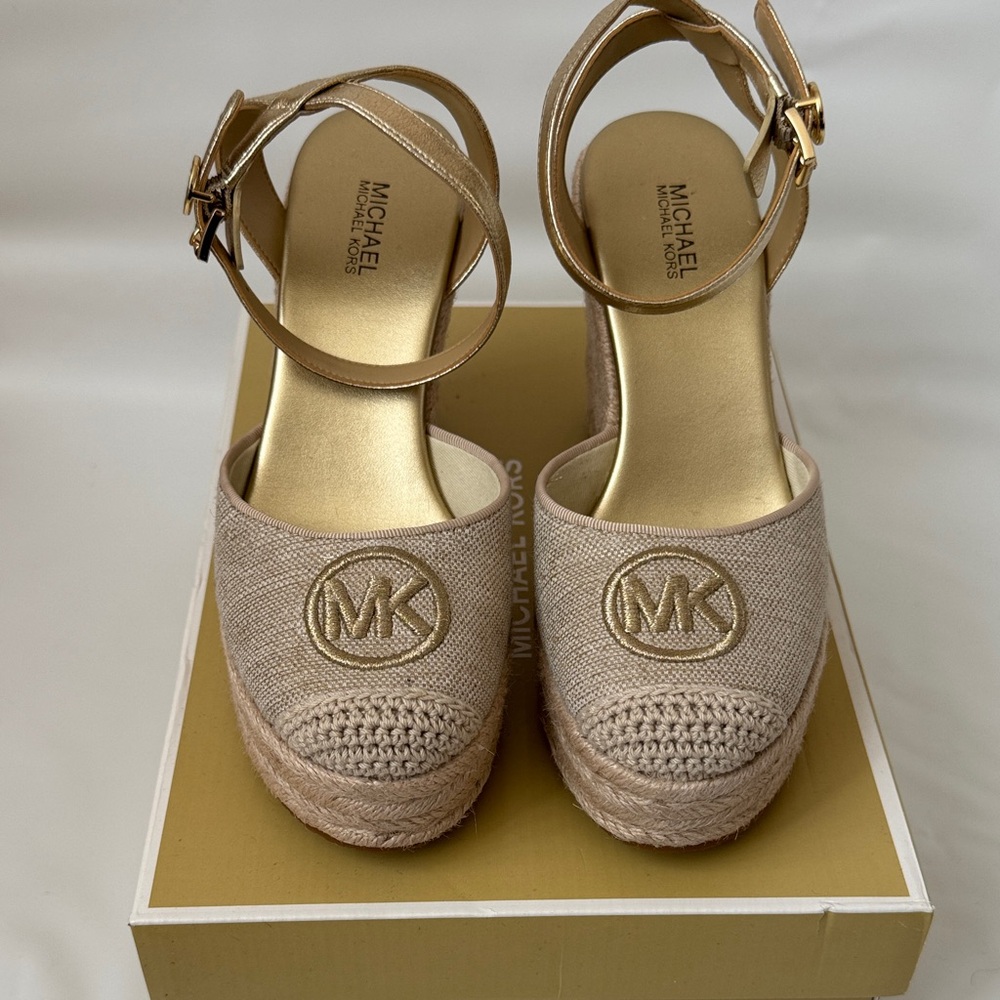Michael Kors Taupe Espadrille Wedge Sandals with Gold Accents